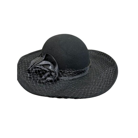 Vintage Michael Howard 100% Wool Black Hat With Satin Rose‎ & Veil Detail Small - Picture 1 of 6
